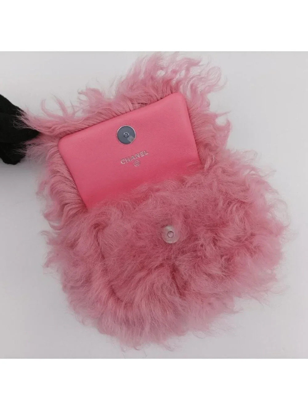 Chanel Shearling CC Hook Card Holder Pink Wool